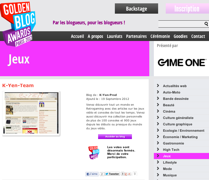 K-Yen-Team arrive 6ème des votes des internautes...